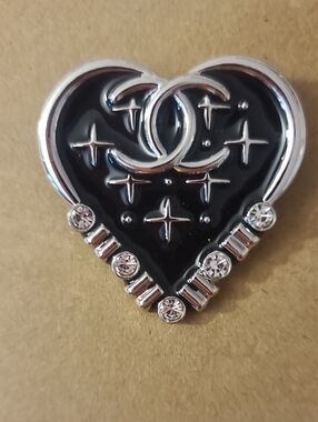 Black Heart Brooch with Silver-Tone Accents and Crystals